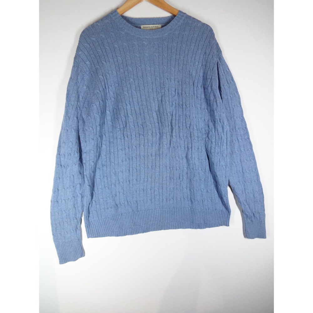 Banana Republic Cable Knit Sweater Mens L Blue Cotton Crew Neck Preppy Classic